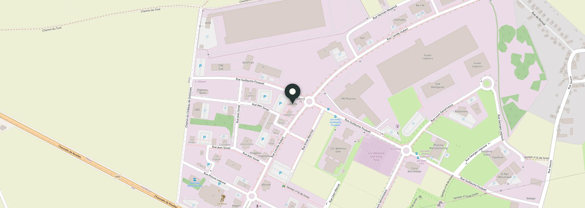 Map of Parc Scientifique Crealys in Les Isnes, with E-BIOM marked at Rue Camille Hubert 11.